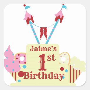 Circus Carnival Cake First Birthday Square Sticker