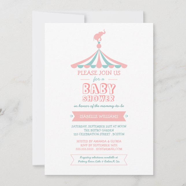 Circus Carnival Pink Teal Baby Shower Invitation (Front)