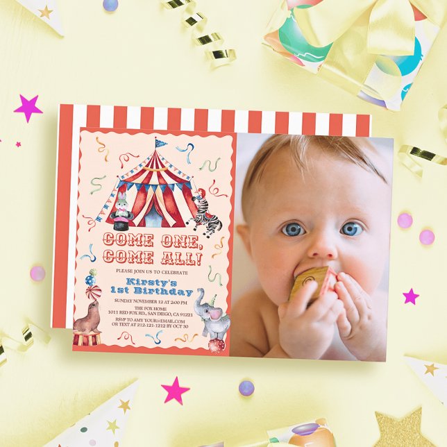 Circus Carnival Tent Animals 1st Birthday Photo Invitation (Creator Uploaded)