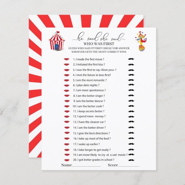 Circus Carnival Watercolor He said she said games (Front/Back)