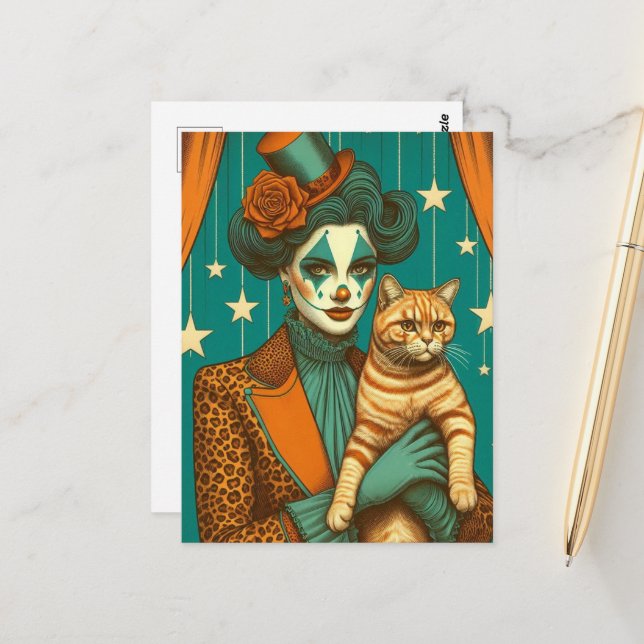 Circus Clown and a Ginger Kitty Postcard (Front/Back In Situ)