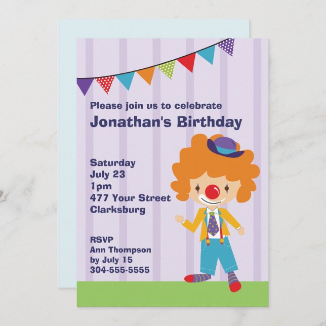 Circus Clown Birthday Party Invitation (Front/Back)