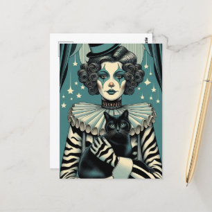 Circus Clown Woman and a black cat Postcard