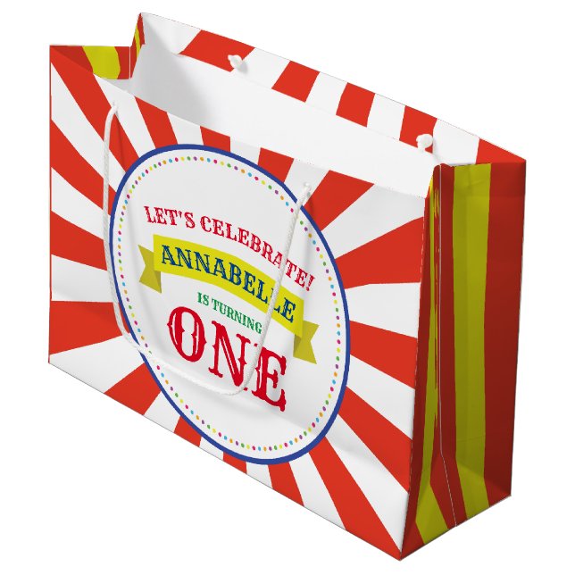 Circus Cute Colourful 1st Birthday Party Theme Large Gift Bag (Front Angled)