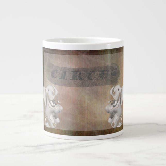 Circus design, text and elephants in corner large coffee mug (Front)