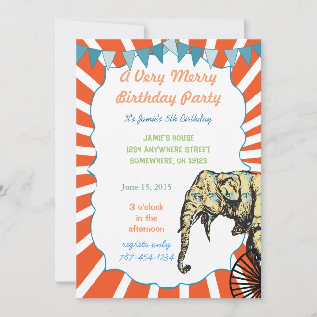 Circus Elephant Birthday Party Invitation Bunting (Front)