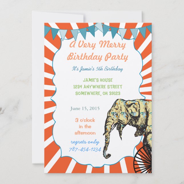 Circus Elephant Birthday Party Invite Bunting (Front)