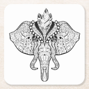 Circus Elephant Doodle Square Paper Coaster