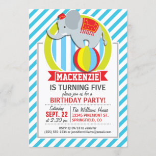 Circus Elephant on Ball; Baby Blue & White Stripes Invitation