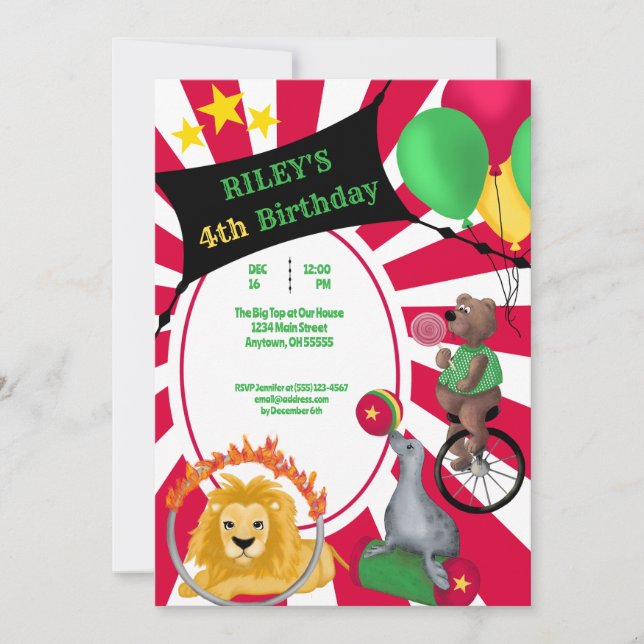 Circus Fun Whimsical Animal Primary Colour Invitation (Front)
