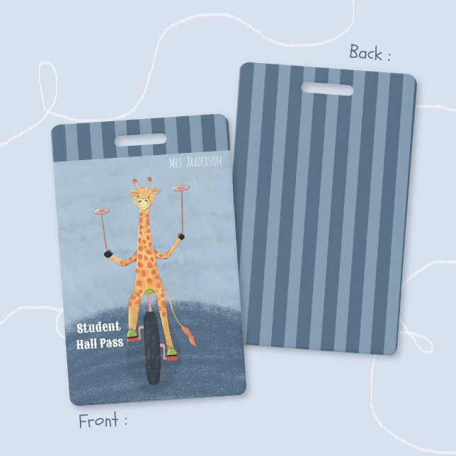 Circus Giraffe Blue Student Hall Pass Badge ID Badge (Circus giraffe elementary school blue hall pass badge .)