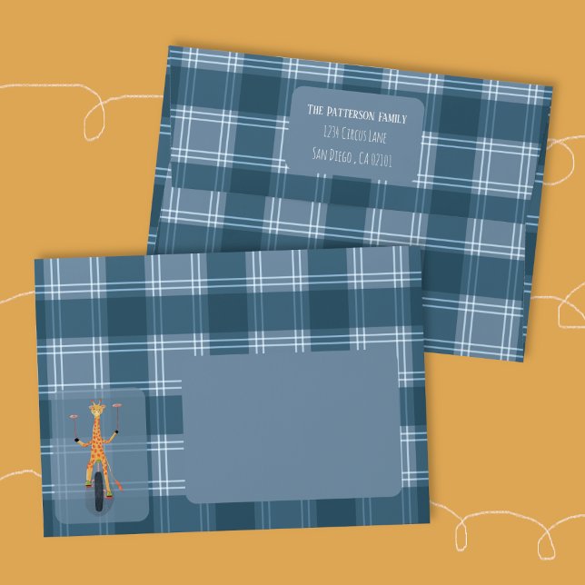 Circus Giraffe Blue Tartan Envelope (Circus cartoon giraffe blue Tartan pattern envelope .)