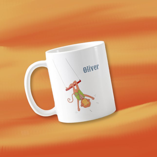 Circus Monkey Acrobat Kid Personalised Mug (Circus cartoon monkey on a trapeze kid cocoa mug with name .)