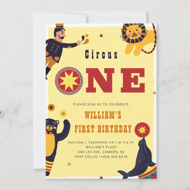 Circus One Cute Animals Show 1st Birthday Invitation (Front)