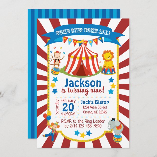 Circus Party Invitation - Circus Birthday Invite (Front/Back)