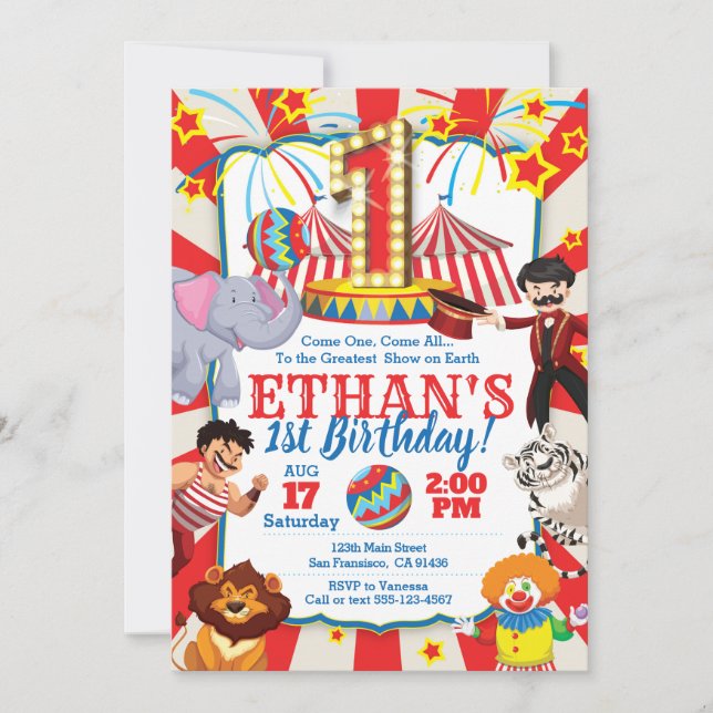 Circus Party Invitation for 1st Birthday (Front)