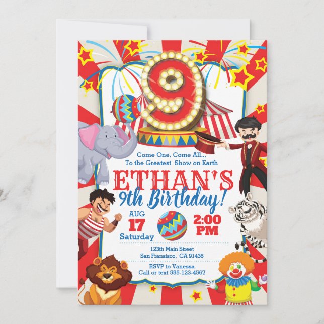 Circus Party Invitation for 9th Birthday (Front)