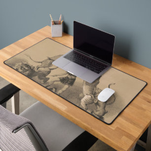 Circus Performer Standing Among Vicious Animals Desk Mat