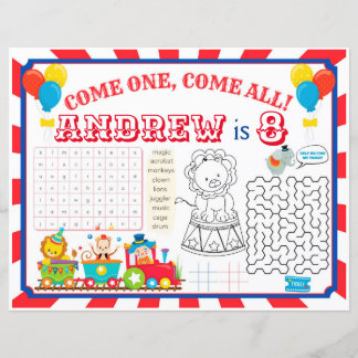 Circus placemats, carnival activity sheet