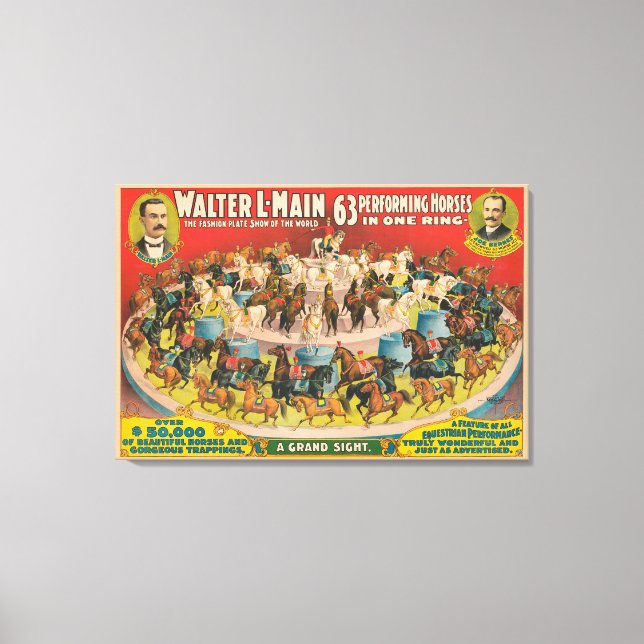 Circus Poster Of 63 Performing Horses In One Ring Canvas Print (Front)