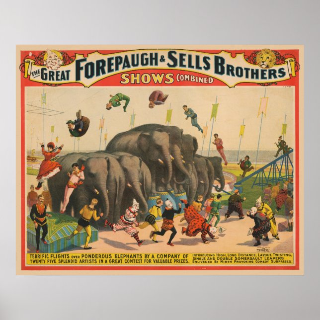 Circus Poster Of Acrobats Jumping Over Elephants (Front)