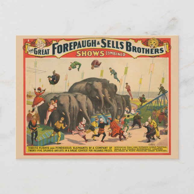 Circus Poster Of Acrobats Jumping Over Elephants Postcard (Front)