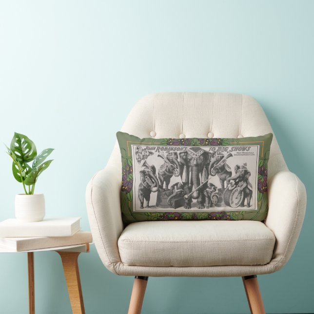 Circus Poster Of Elephants Playing Instruments Lumbar Cushion (Chair)