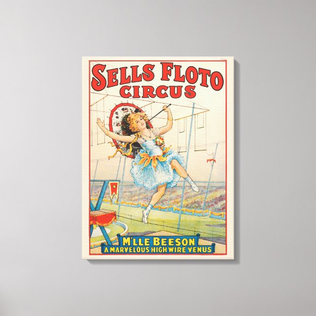 Circus Poster Of Tight-Rope Walker With A Parasol Canvas Print (Front)