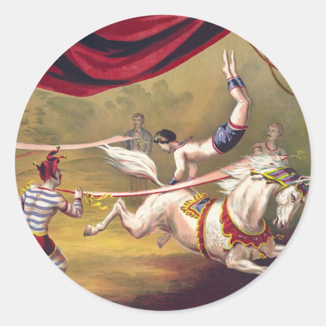 Circus poster showing acrobat performing on horse classic round sticker (Front)