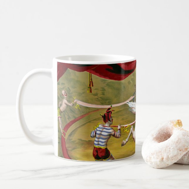 Circus Poster Showing Acrobat Performing On Horse. Coffee Mug (With Donut)