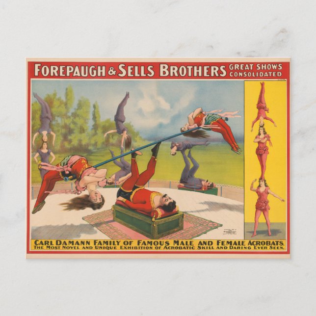 Circus Poster Showing Acrobatic Acts, Circa 1899. Postcard (Front)