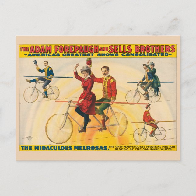 Circus Poster Showing Bicycle Riders On Tightrope Postcard (Front)