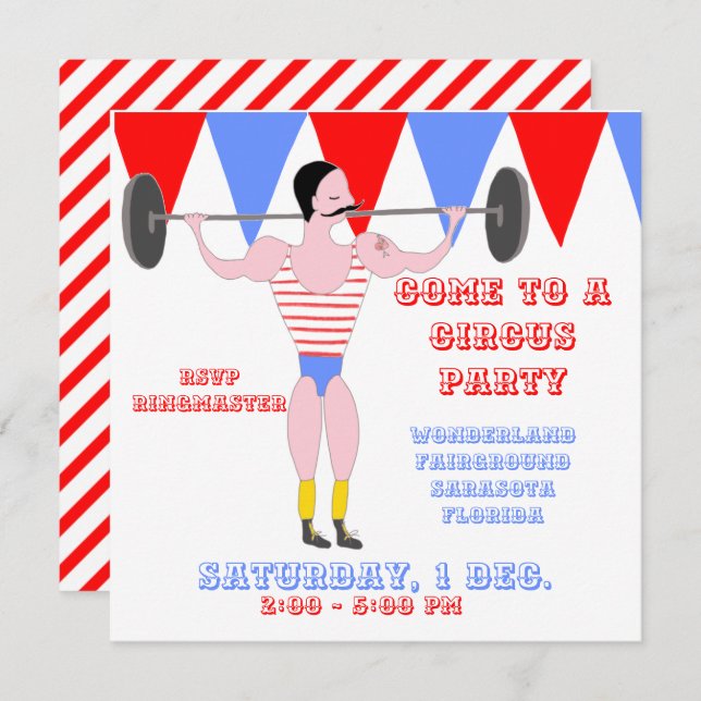 Circus Strong Man Red Circus Tent Stripe Party Invitation (Front/Back)