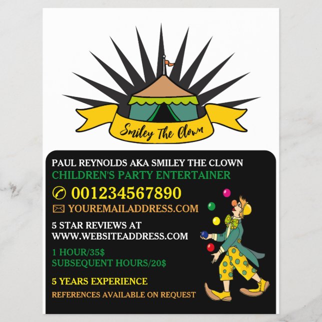 Circus Tent Clown, Kids Entertainer, Clown Advert Flyer (Front)