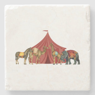 Circus Tent with Zebra Giraffe Camel and Elephant Stone Coaster