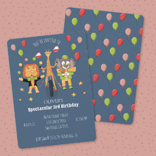 Circus Theme Dark Blue Child Birthday Invitation