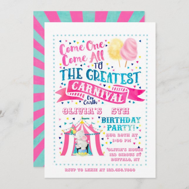 Circus Theme Girl Birthday Party Invitation (Front/Back)