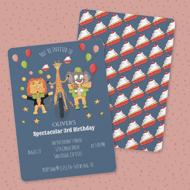 Circus Theme Kid Birthday Dark Blue Invitation (Circus theme kid birthday dark blue invitation .)