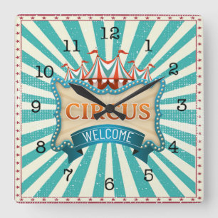 Circus Theme Teal Red Tent Square Wall Clock