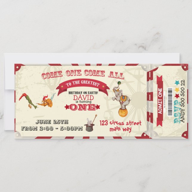 Circus Ticket Circus Show Boy 1st Birthday Party Invitation (Front)