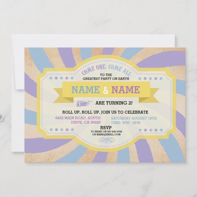 Circus Twins Birthday Party Blue Carnival Invite (Front)
