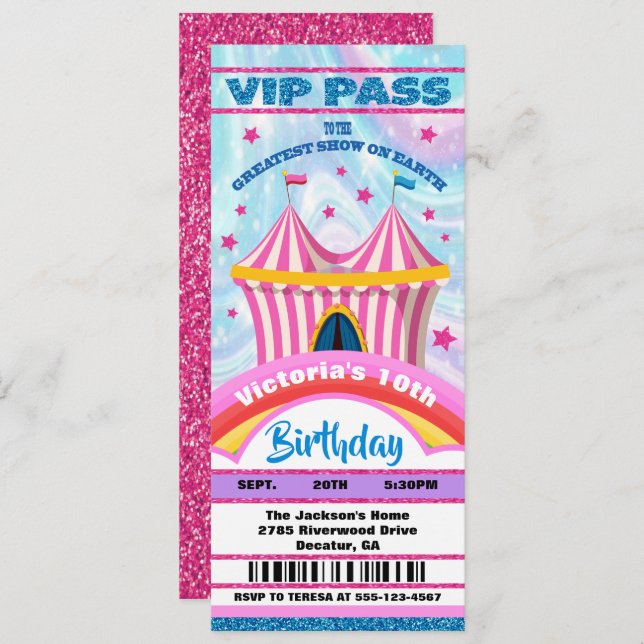 Circus VIP pass tickets Birthday Invitation (Front/Back)