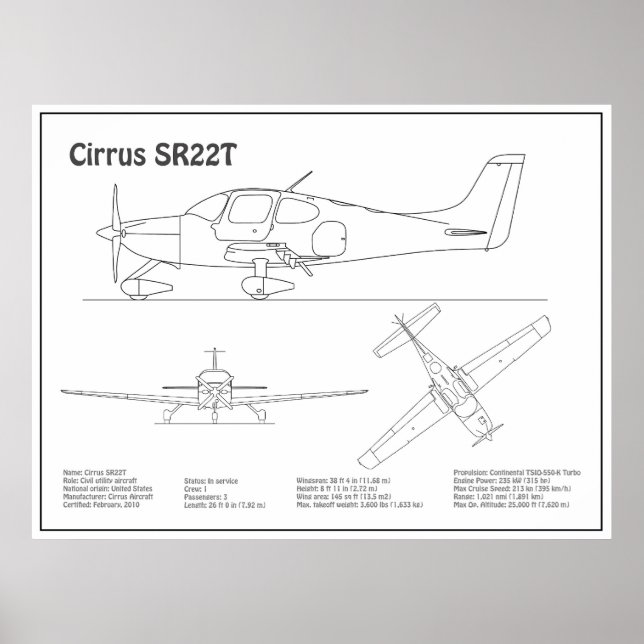 Cirrus SR22T - Aeroplane Blueprint Drawing Plans B Poster (Front)