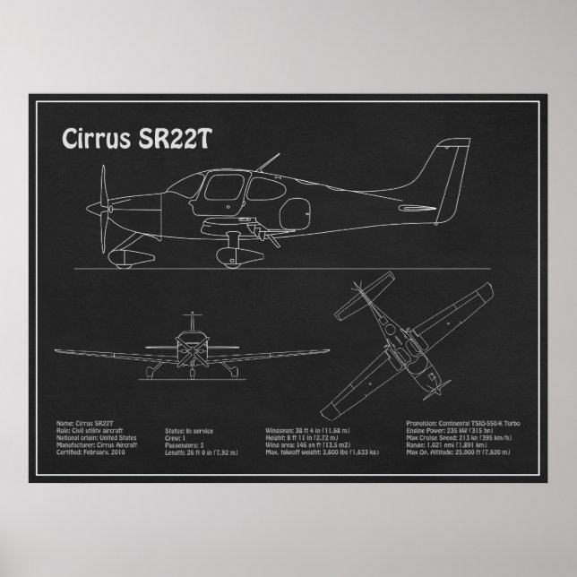 Cirrus SR22T - Aeroplane Blueprint Drawing Plans P Poster (Front)