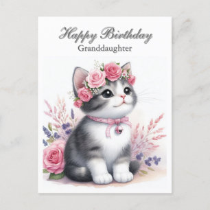 Cite Kitten Pink Roses Granddaughter Holiday Postcard