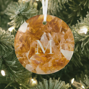 Citrine Birthstone Monogram Personalized Name  Glass Tree Decoration