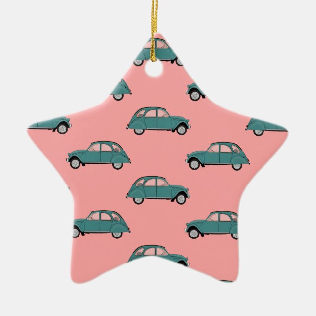 Citroen 2CVs - Green on Pink - Cars Ceramic Tree Decoration (Front)