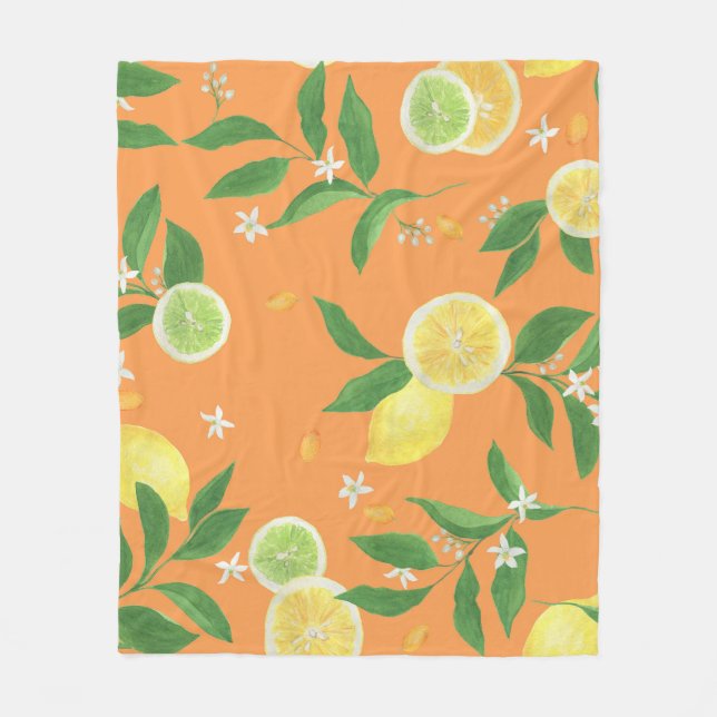 Citrus Bloom Watercolor Fabric Fleece Blanket (Front)