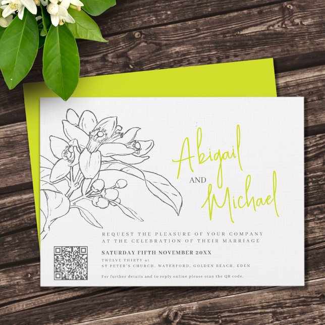 Citrus blossom pencil sketch orange wedding invitation (Creator Uploaded)
