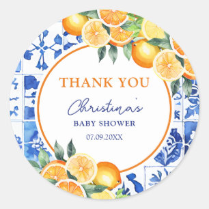 Citrus Blue Tiles Baby Shower Thank You Classic Round Sticker